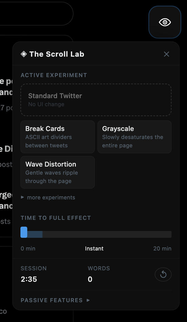 Scroll Lab controls for experiments and time to full effect