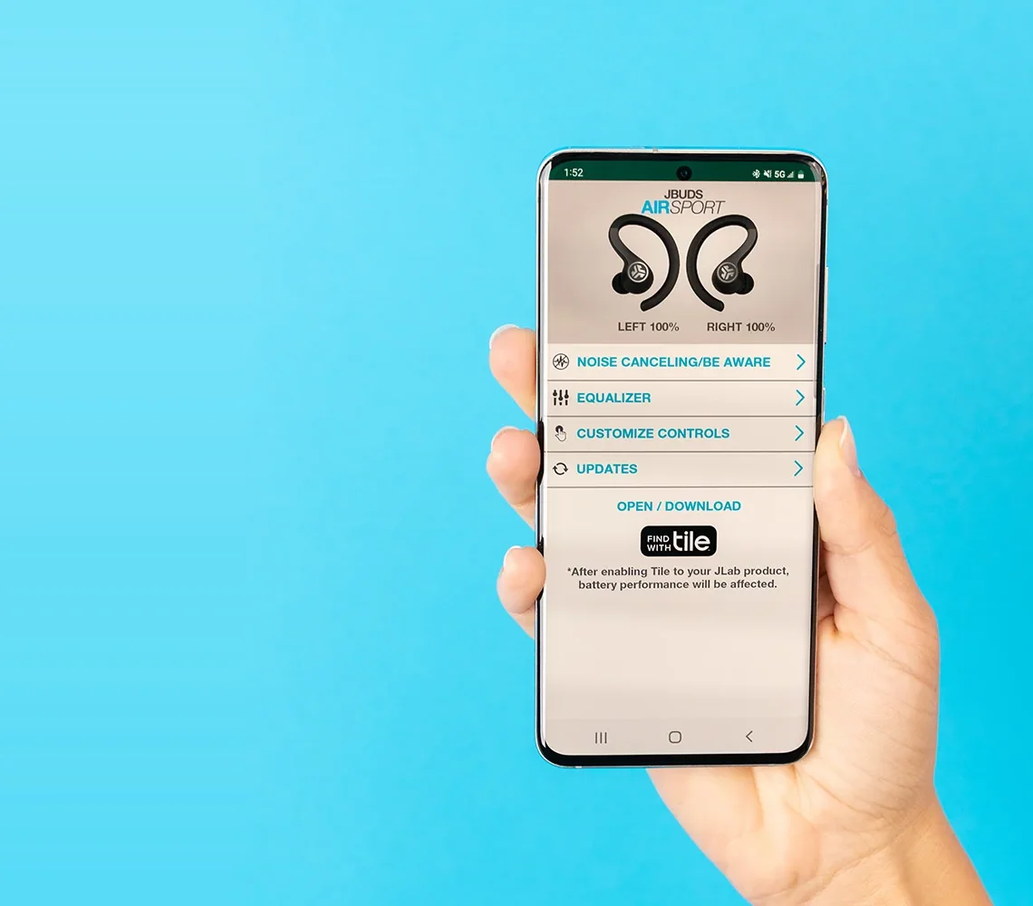 The previous JLab Sound app on a phone, showing JBuds Air Sport controls