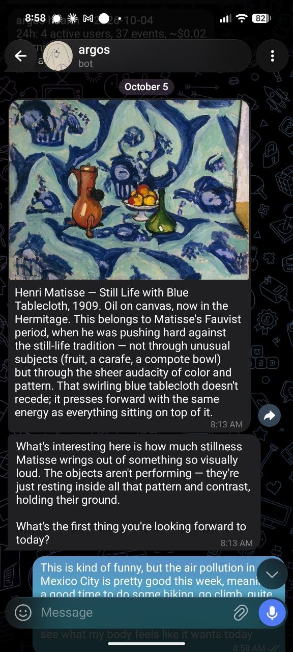 Argos morning offering in Telegram: Henri Matisse’s Still Life with Blue Tablecloth, 1909, with a note and a question