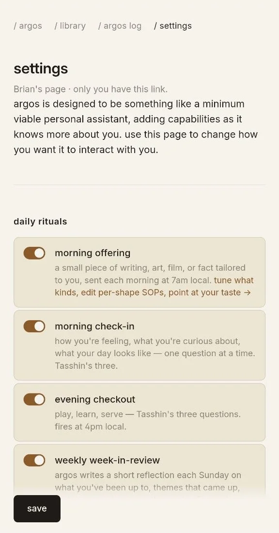 Actual Argos settings for morning offerings and daily rituals