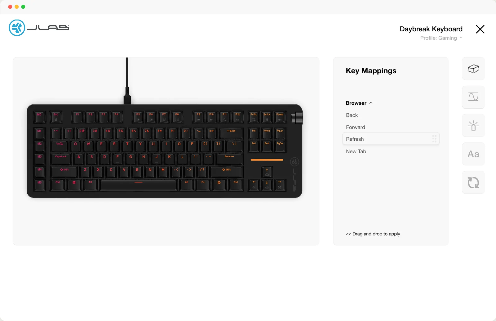 After: on the Daybreak keyboard, drag Browser › Refresh from the command list onto F5