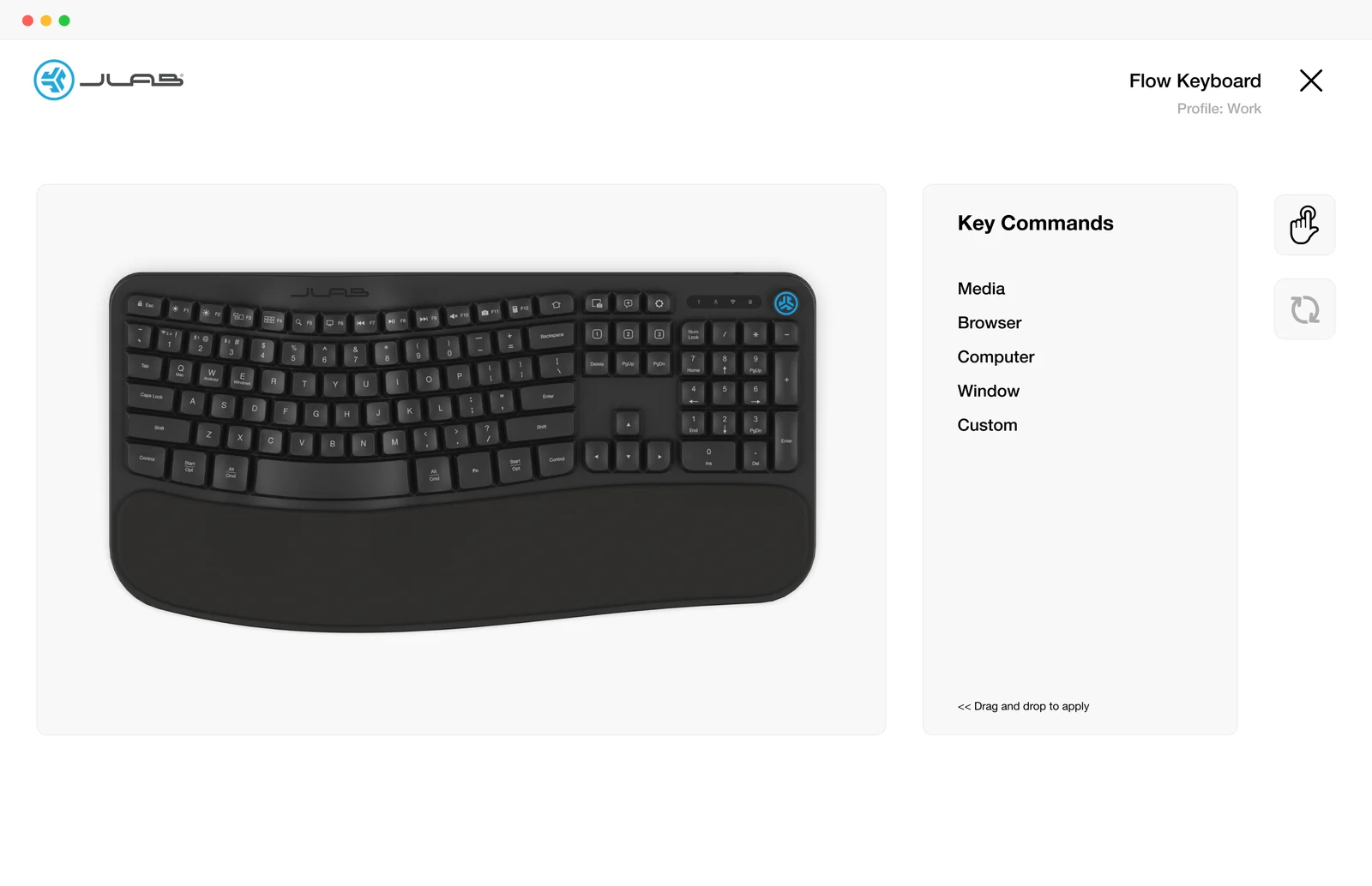 Flow Keyboard key commands: Media, Browser, Computer, Window and Custom, with two tabs