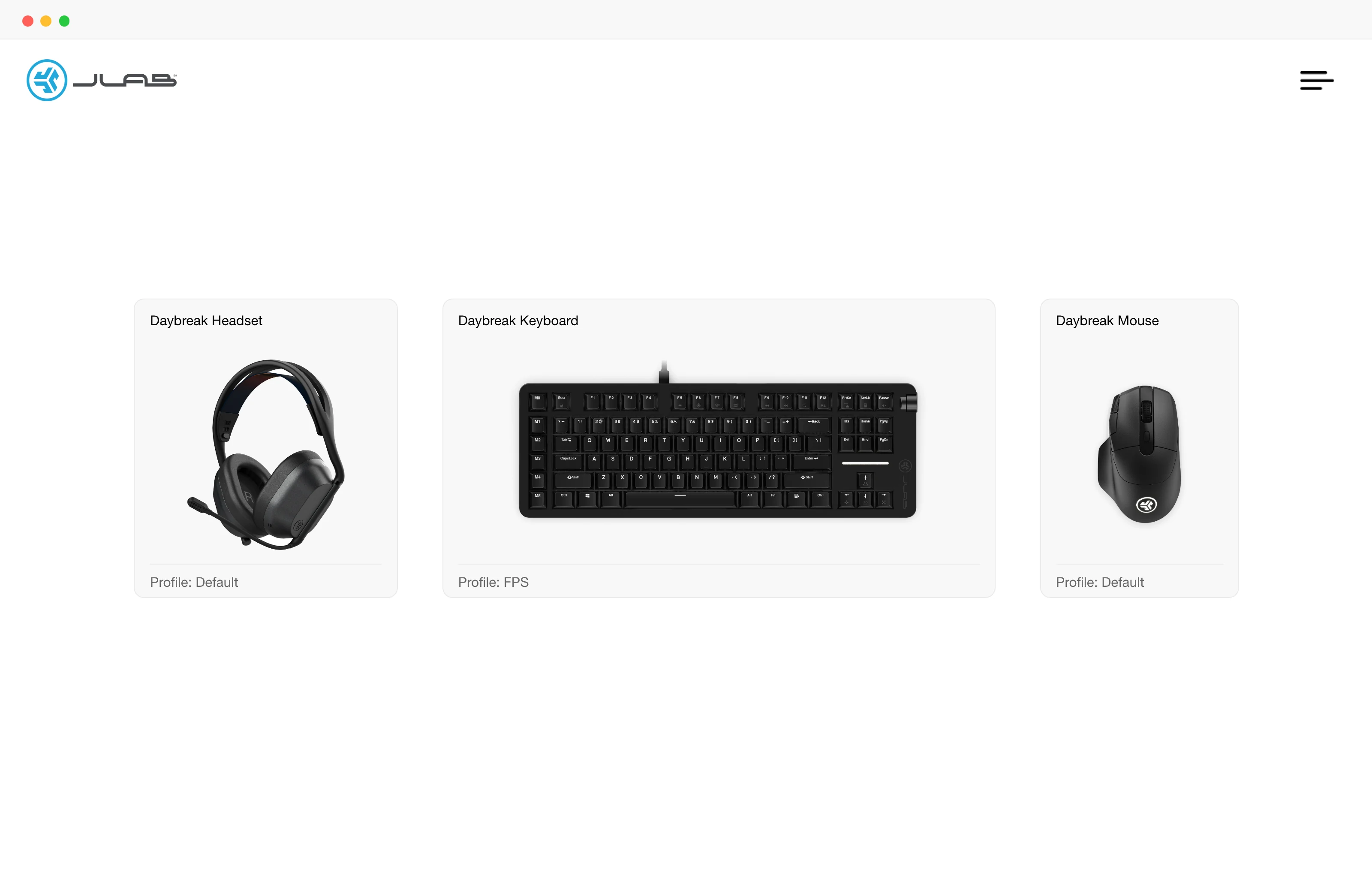 The Lab App home screen with Daybreak headset, keyboard and mouse cards
