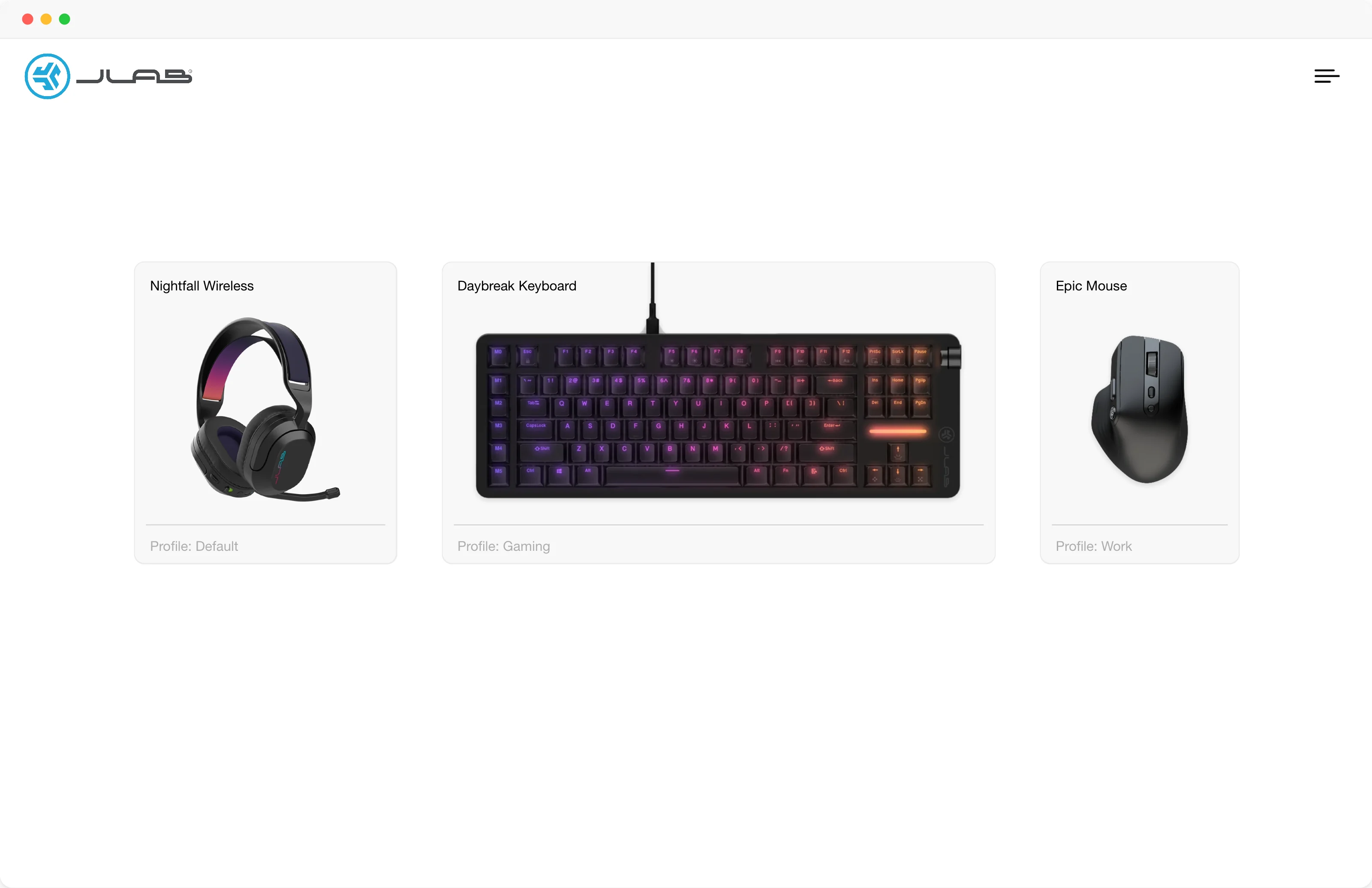 The Lab App home screen with Nightfall Wireless, Daybreak Keyboard and Epic Mouse cards